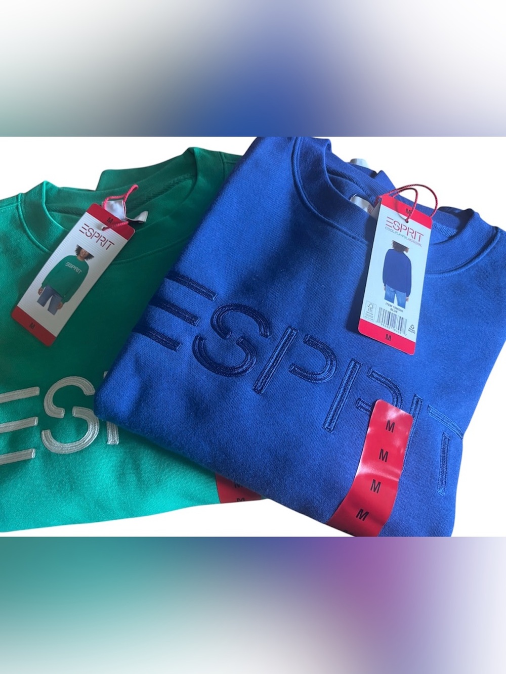 Lot of 2 NWT Esprit Logo Fleece Crewneck Sweatshirt Green & Blue Vintage size M